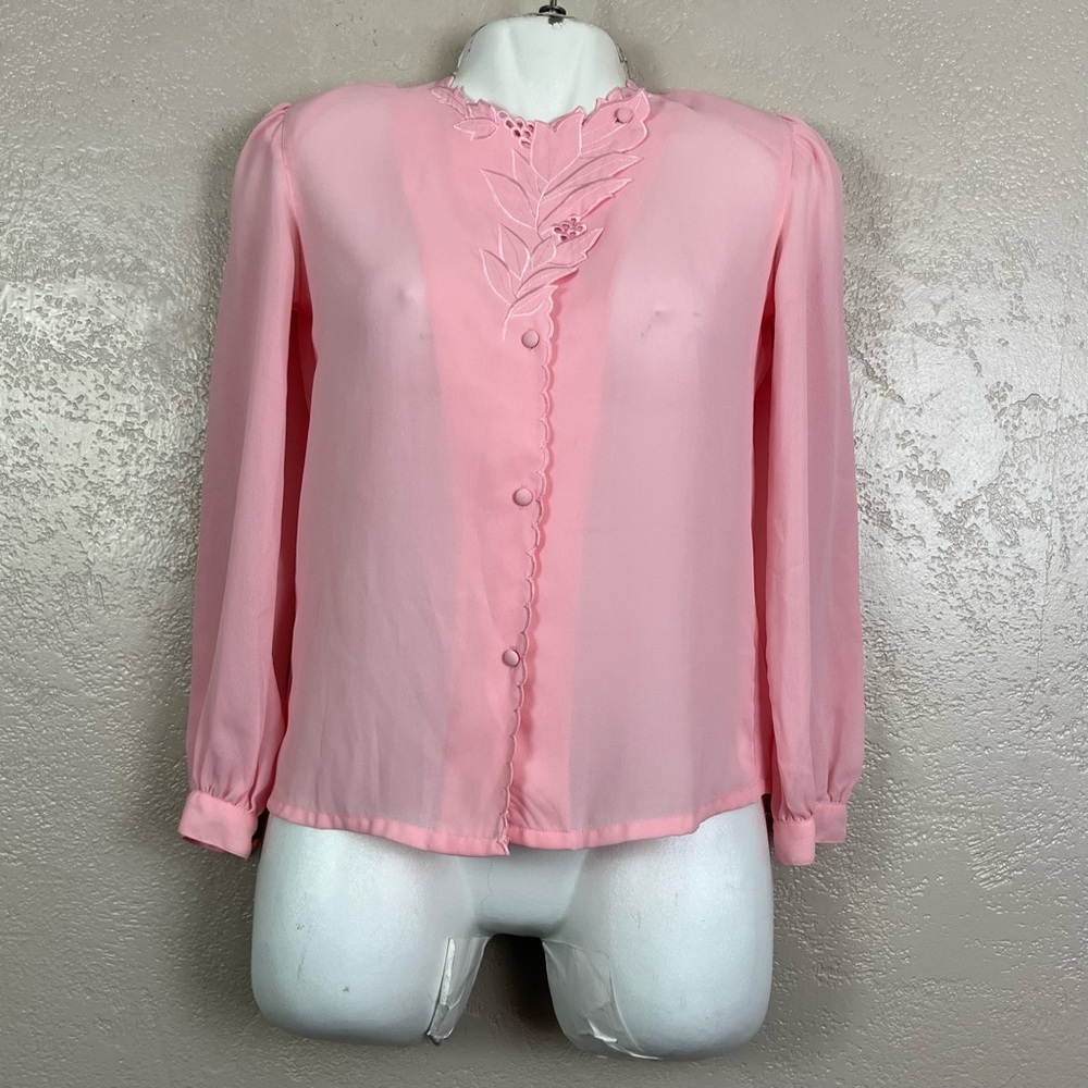 La Blouse Womens Size 4 Vintage Top Pink Long Sleeves Beaded Floral Embroidery - Picture 3 of 11